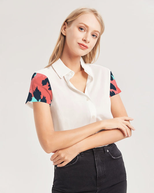 NolaRiva Brand Women's All-Over Print Short Sleeve Button Up